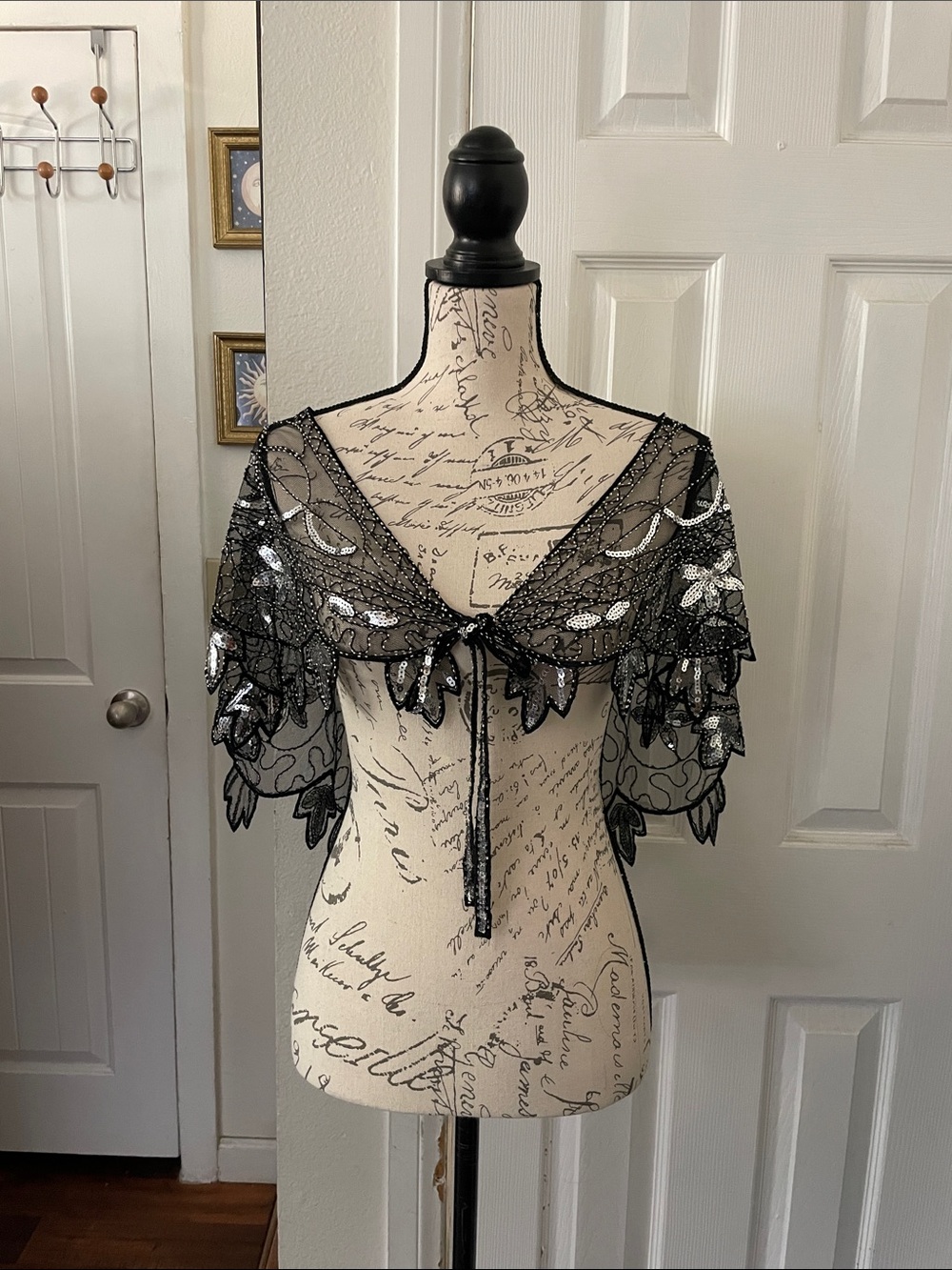Black Beaded Floral Accent Hip Scarf Skirt Wrap Poncho One Size Festival